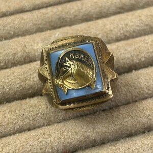 Korea trench art brass and Blue Horse Ring size 9- RARE